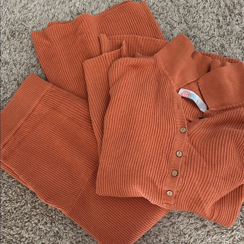 Orange Ribbed Knit Cardigan and Pants Set